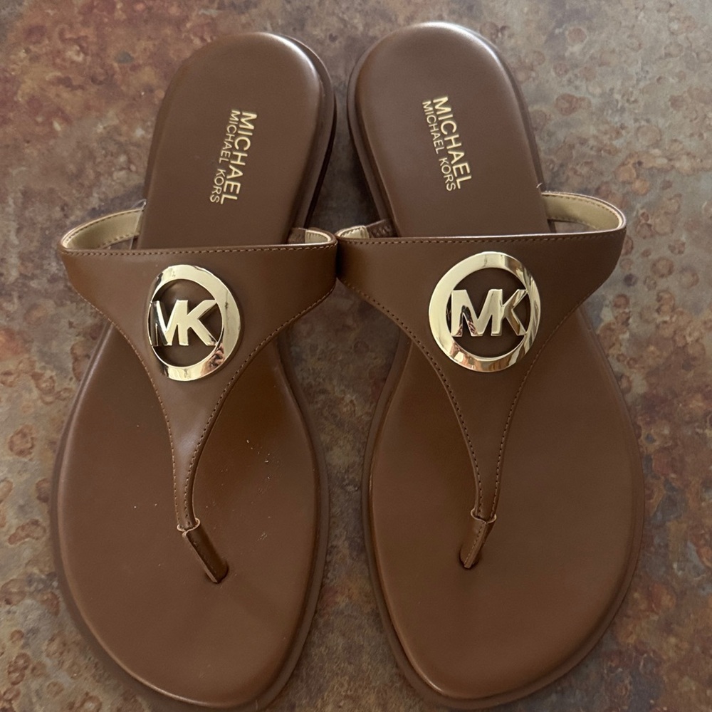 Michael Kors Tan Sandals with Gold Emblem